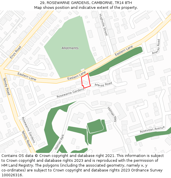 29, ROSEWARNE GARDENS, CAMBORNE, TR14 8TH: Location map and indicative extent of plot