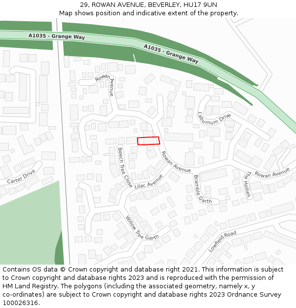 29, ROWAN AVENUE, BEVERLEY, HU17 9UN: Location map and indicative extent of plot
