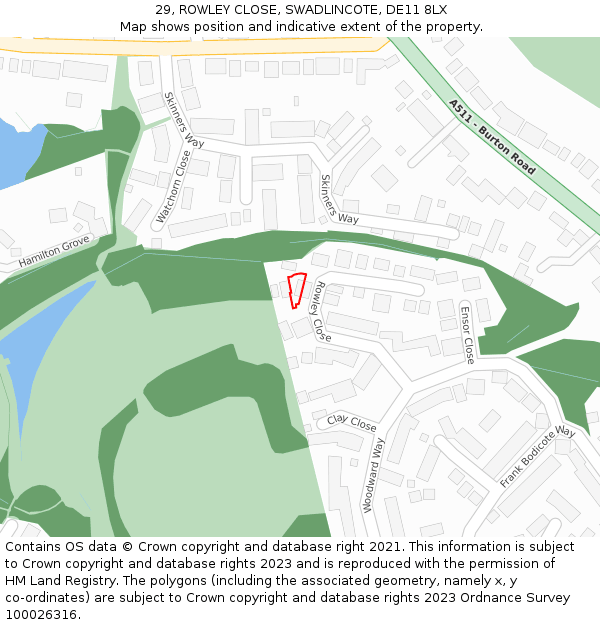 29, ROWLEY CLOSE, SWADLINCOTE, DE11 8LX: Location map and indicative extent of plot