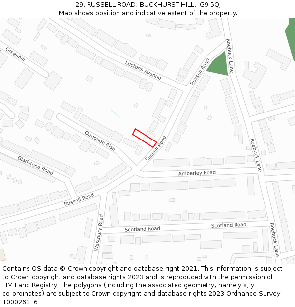 29, RUSSELL ROAD, BUCKHURST HILL, IG9 5QJ: Location map and indicative extent of plot