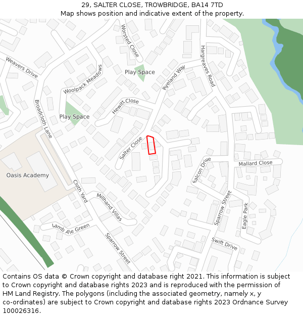 29, SALTER CLOSE, TROWBRIDGE, BA14 7TD: Location map and indicative extent of plot