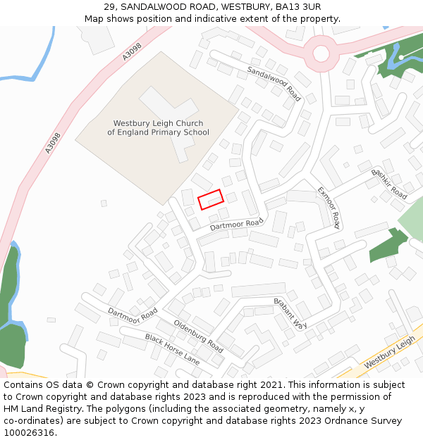 29, SANDALWOOD ROAD, WESTBURY, BA13 3UR: Location map and indicative extent of plot