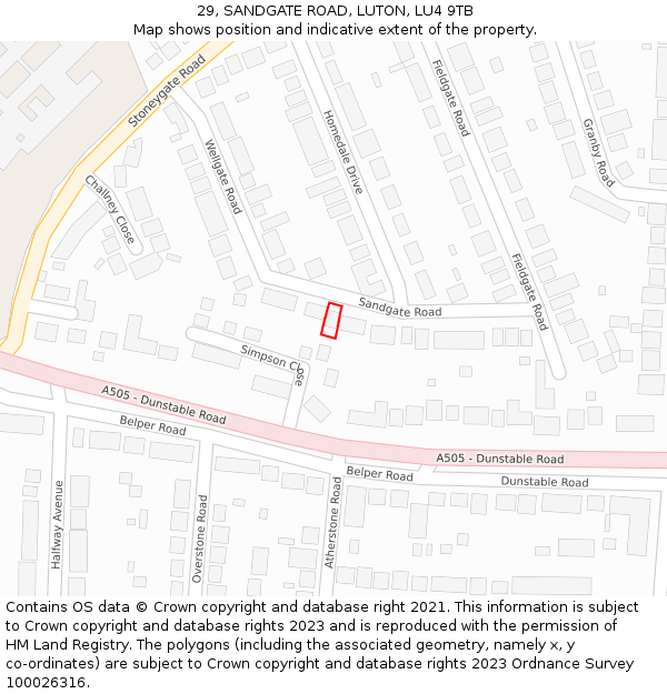 29, SANDGATE ROAD, LUTON, LU4 9TB: Location map and indicative extent of plot