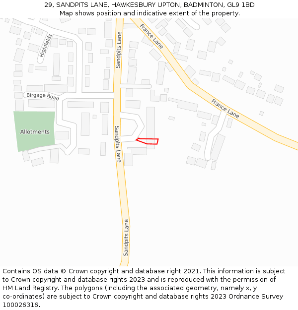 29, SANDPITS LANE, HAWKESBURY UPTON, BADMINTON, GL9 1BD: Location map and indicative extent of plot