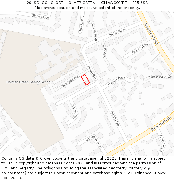 29, SCHOOL CLOSE, HOLMER GREEN, HIGH WYCOMBE, HP15 6SR: Location map and indicative extent of plot