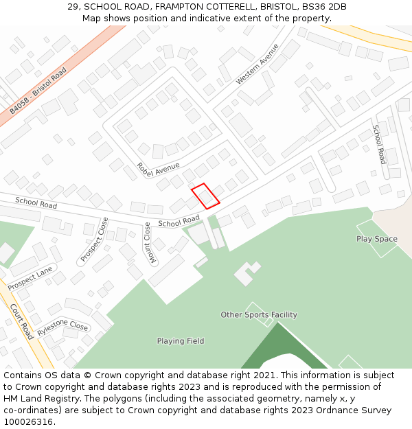 29, SCHOOL ROAD, FRAMPTON COTTERELL, BRISTOL, BS36 2DB: Location map and indicative extent of plot