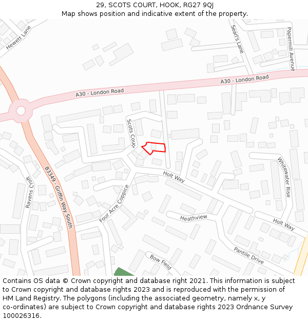 29, SCOTS COURT, HOOK, RG27 9QJ: Location map and indicative extent of plot