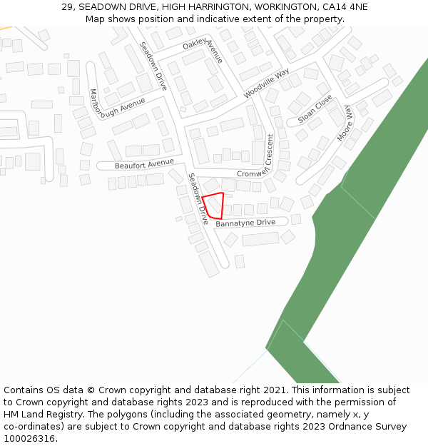 29, SEADOWN DRIVE, HIGH HARRINGTON, WORKINGTON, CA14 4NE: Location map and indicative extent of plot