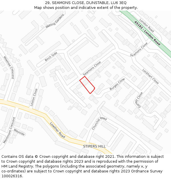 29, SEAMONS CLOSE, DUNSTABLE, LU6 3EQ: Location map and indicative extent of plot