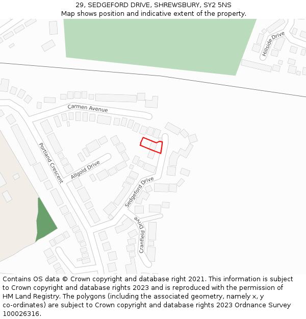 29, SEDGEFORD DRIVE, SHREWSBURY, SY2 5NS: Location map and indicative extent of plot