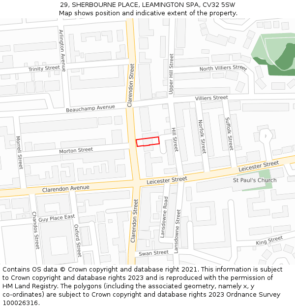 29, SHERBOURNE PLACE, LEAMINGTON SPA, CV32 5SW: Location map and indicative extent of plot