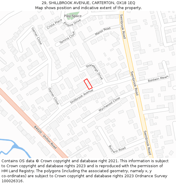 29, SHILLBROOK AVENUE, CARTERTON, OX18 1EQ: Location map and indicative extent of plot