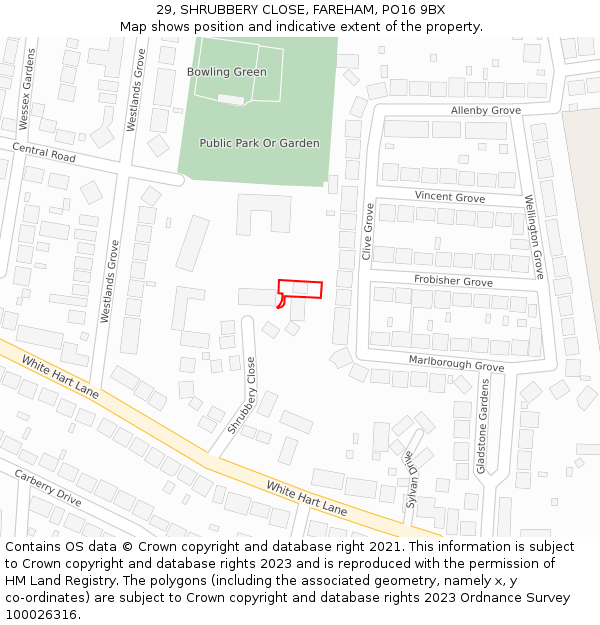 29, SHRUBBERY CLOSE, FAREHAM, PO16 9BX: Location map and indicative extent of plot