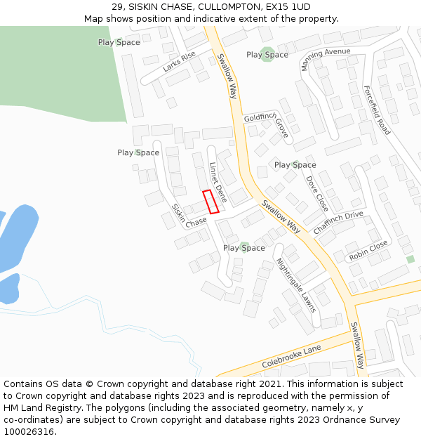 29, SISKIN CHASE, CULLOMPTON, EX15 1UD: Location map and indicative extent of plot