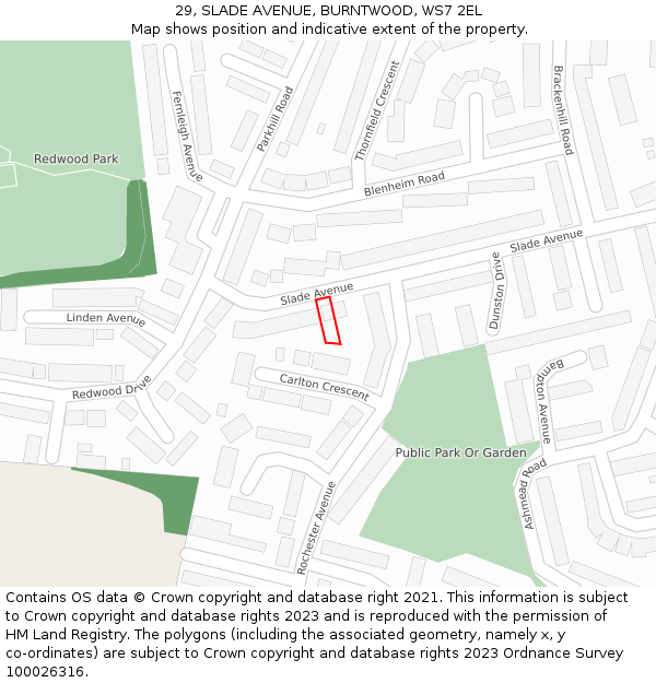 29, SLADE AVENUE, BURNTWOOD, WS7 2EL: Location map and indicative extent of plot