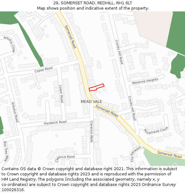 29, SOMERSET ROAD, REDHILL, RH1 6LT: Location map and indicative extent of plot