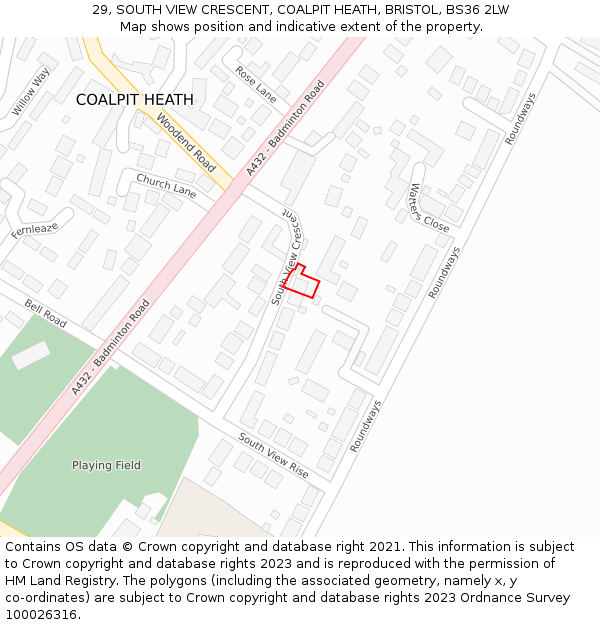 29, SOUTH VIEW CRESCENT, COALPIT HEATH, BRISTOL, BS36 2LW: Location map and indicative extent of plot