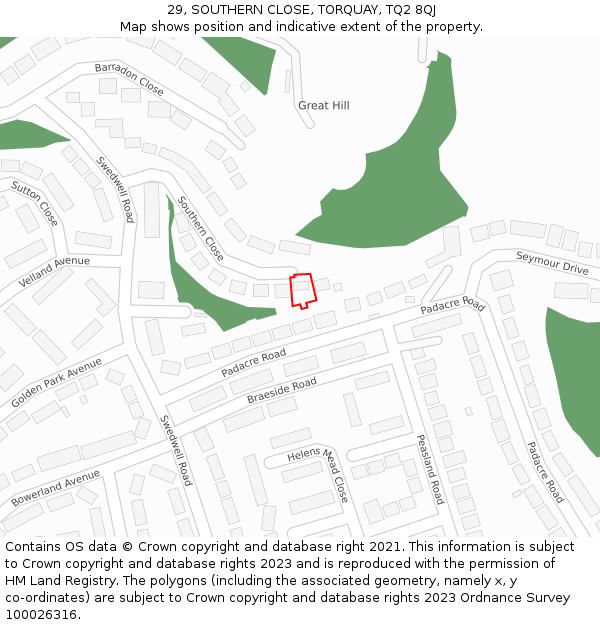 29, SOUTHERN CLOSE, TORQUAY, TQ2 8QJ: Location map and indicative extent of plot