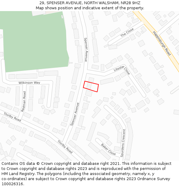 29, SPENSER AVENUE, NORTH WALSHAM, NR28 9HZ: Location map and indicative extent of plot