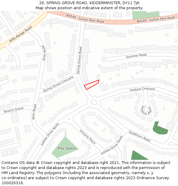 29, SPRING GROVE ROAD, KIDDERMINSTER, DY11 7JA: Location map and indicative extent of plot