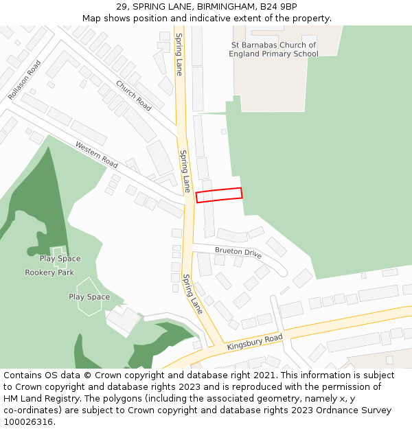 29, SPRING LANE, BIRMINGHAM, B24 9BP: Location map and indicative extent of plot