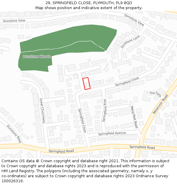 29, SPRINGFIELD CLOSE, PLYMOUTH, PL9 8QD: Location map and indicative extent of plot