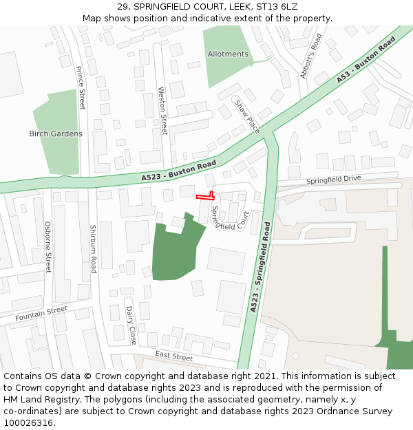 29, SPRINGFIELD COURT, LEEK, ST13 6LZ: Location map and indicative extent of plot