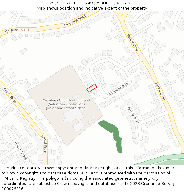 29, SPRINGFIELD PARK, MIRFIELD, WF14 9PE: Location map and indicative extent of plot