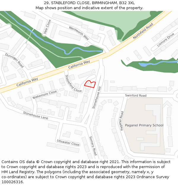 29, STABLEFORD CLOSE, BIRMINGHAM, B32 3XL: Location map and indicative extent of plot