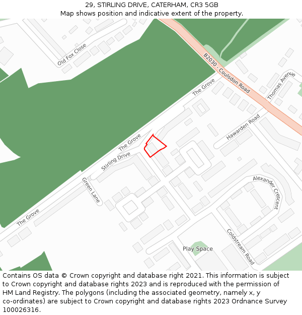 29, STIRLING DRIVE, CATERHAM, CR3 5GB: Location map and indicative extent of plot