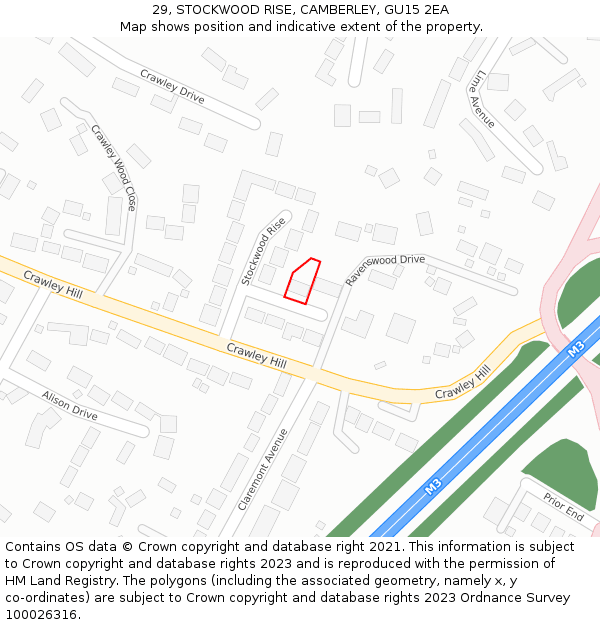 29, STOCKWOOD RISE, CAMBERLEY, GU15 2EA: Location map and indicative extent of plot