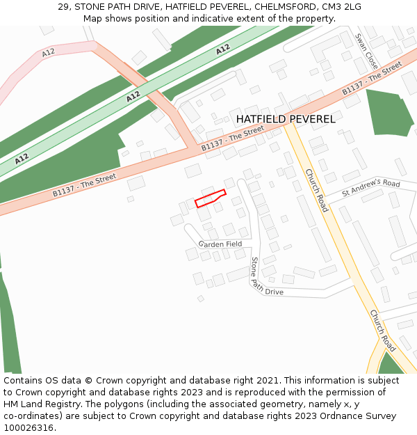 29, STONE PATH DRIVE, HATFIELD PEVEREL, CHELMSFORD, CM3 2LG: Location map and indicative extent of plot