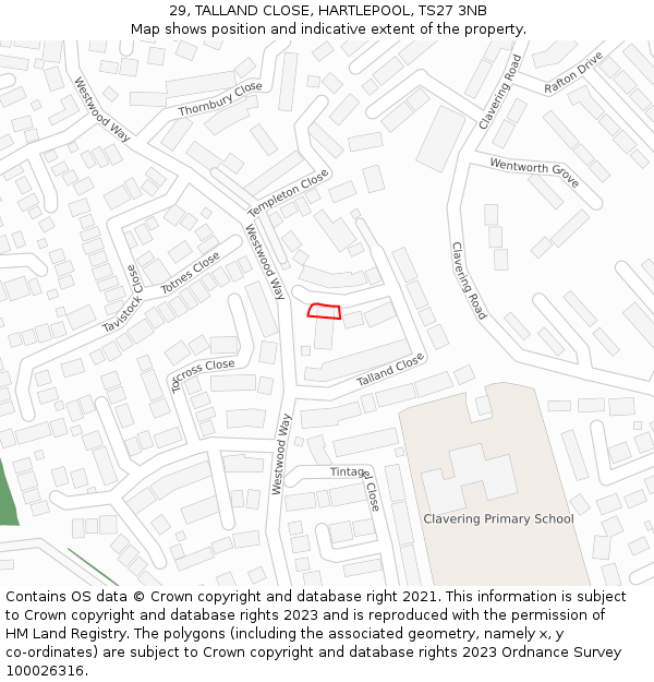 29, TALLAND CLOSE, HARTLEPOOL, TS27 3NB: Location map and indicative extent of plot