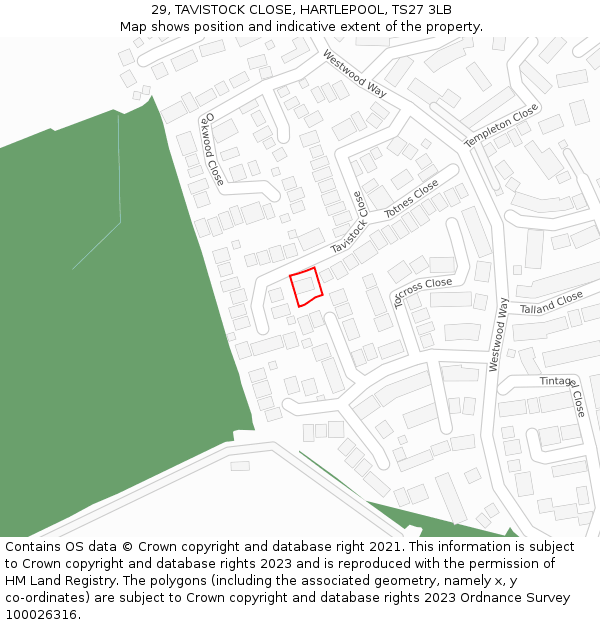 29, TAVISTOCK CLOSE, HARTLEPOOL, TS27 3LB: Location map and indicative extent of plot