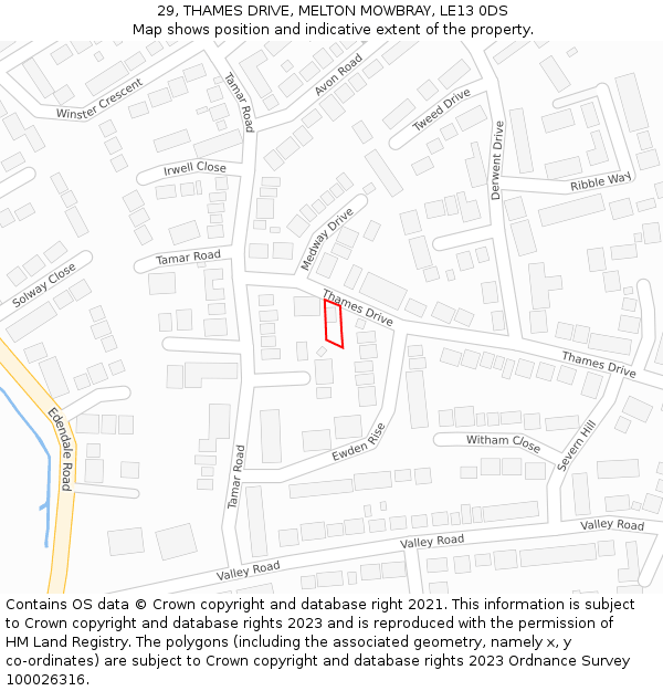 29, THAMES DRIVE, MELTON MOWBRAY, LE13 0DS: Location map and indicative extent of plot