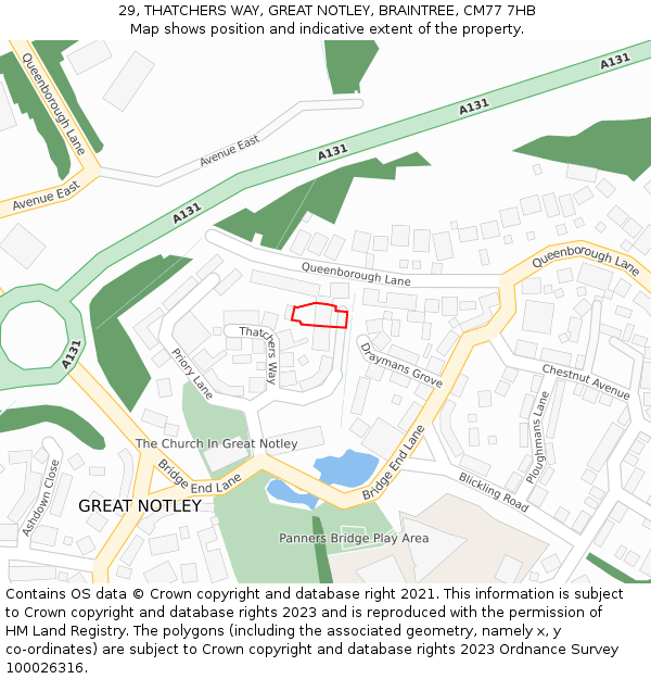 29, THATCHERS WAY, GREAT NOTLEY, BRAINTREE, CM77 7HB: Location map and indicative extent of plot