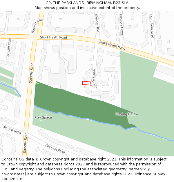 29, THE PARKLANDS, BIRMINGHAM, B23 6LA: Location map and indicative extent of plot