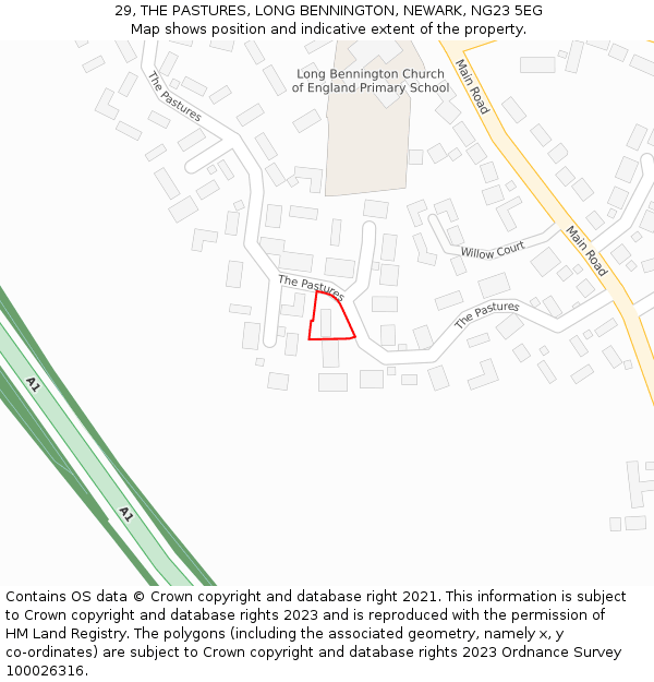 29, THE PASTURES, LONG BENNINGTON, NEWARK, NG23 5EG: Location map and indicative extent of plot