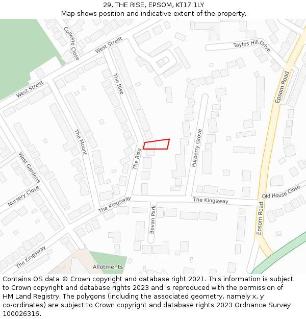 29, THE RISE, EPSOM, KT17 1LY: Location map and indicative extent of plot