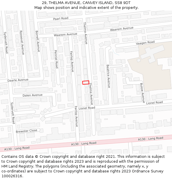 29, THELMA AVENUE, CANVEY ISLAND, SS8 9DT: Location map and indicative extent of plot