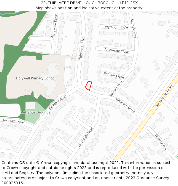 29, THIRLMERE DRIVE, LOUGHBOROUGH, LE11 3SX: Location map and indicative extent of plot