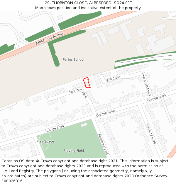 29, THORNTON CLOSE, ALRESFORD, SO24 9FE: Location map and indicative extent of plot