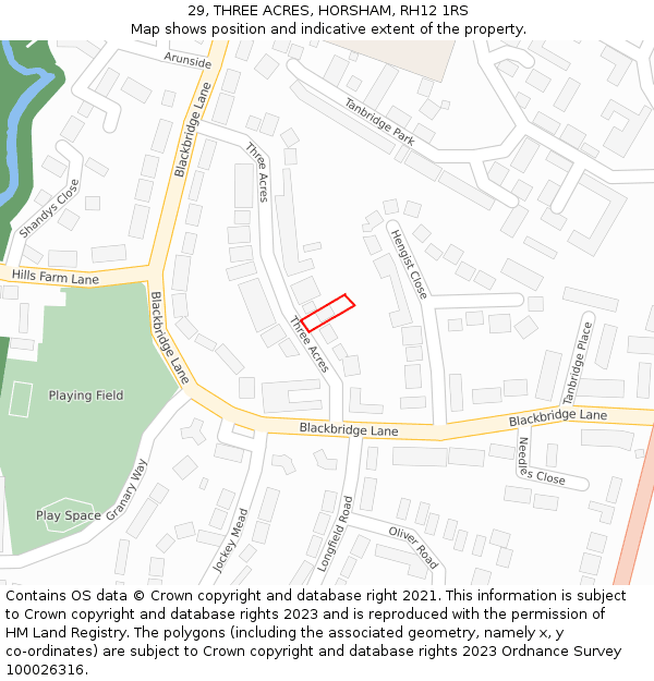 29, THREE ACRES, HORSHAM, RH12 1RS: Location map and indicative extent of plot