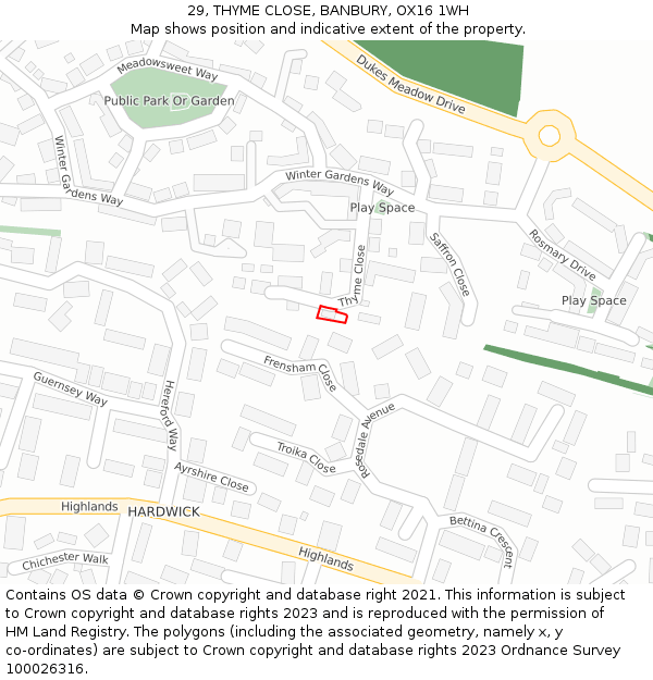 29, THYME CLOSE, BANBURY, OX16 1WH: Location map and indicative extent of plot