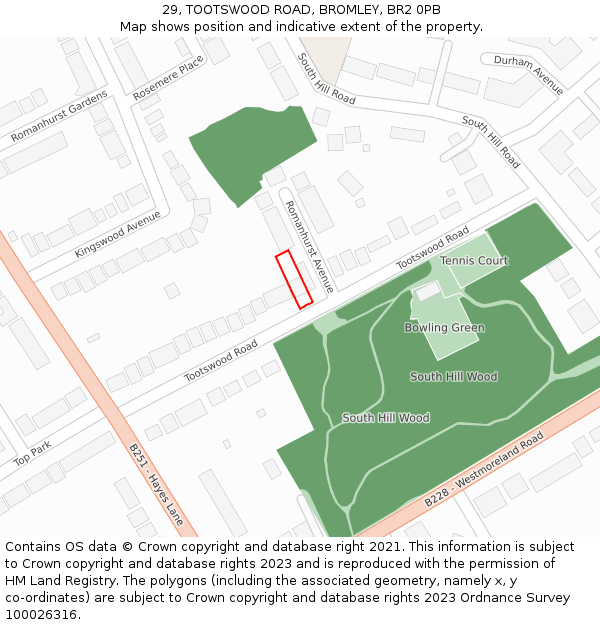 29, TOOTSWOOD ROAD, BROMLEY, BR2 0PB: Location map and indicative extent of plot