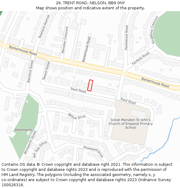 29, TRENT ROAD, NELSON, BB9 0NY: Location map and indicative extent of plot