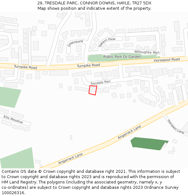 29, TRESDALE PARC, CONNOR DOWNS, HAYLE, TR27 5DX: Location map and indicative extent of plot