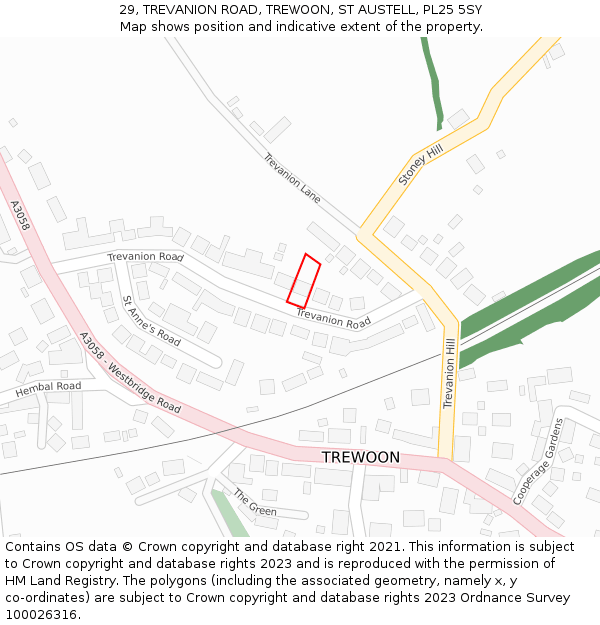 29, TREVANION ROAD, TREWOON, ST AUSTELL, PL25 5SY: Location map and indicative extent of plot