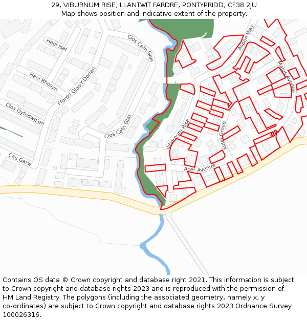 29, VIBURNUM RISE, LLANTWIT FARDRE, PONTYPRIDD, CF38 2JU: Location map and indicative extent of plot