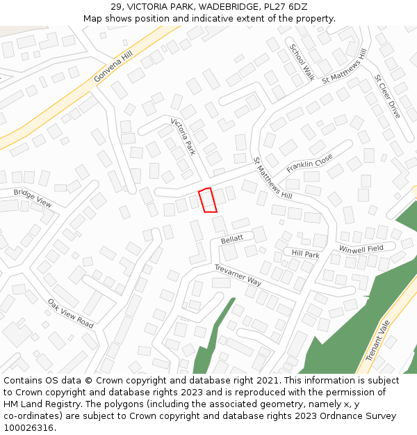 29, VICTORIA PARK, WADEBRIDGE, PL27 6DZ: Location map and indicative extent of plot